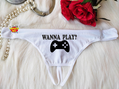 Wanna Play, Crotchless Panty, Fetish Underwear, Naughty Gift For Hotwife, Kinky Slutty Panties, Graphic Panties, Cuckold Lingerie, DDLG