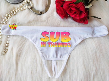 SUB In Training Thong, DDLG Panties ,Naughty Panty, Personalized Thong, Bachelorette Gift, Hotwife Underwear, Crotchless Slutwear,BDMS Tanga